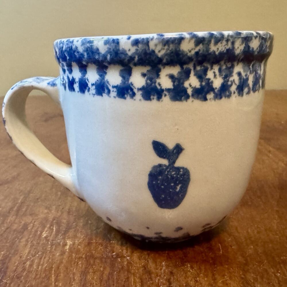 Tienshan Folk Craft Blue Sponge Hearts Mug Country Pottery Coffee Cup